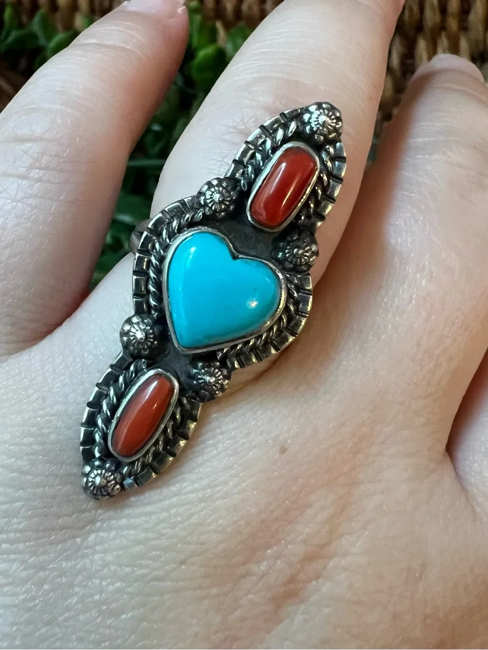 Sterling Kingman Turquoise Heart Italian Red Coral Ring Size 8